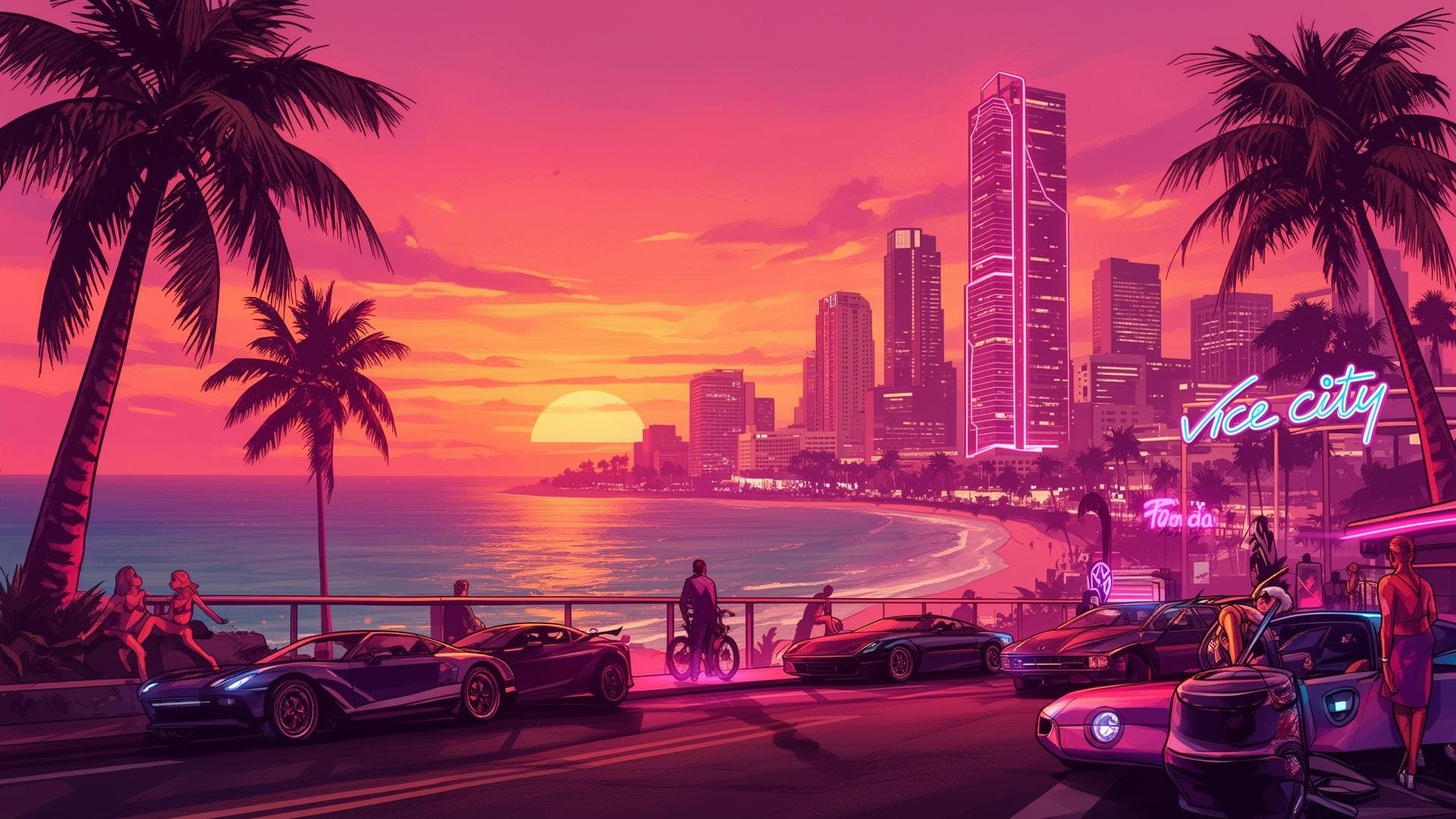 Vue panoramique de Vice City au coucher du soleil : GTA 6