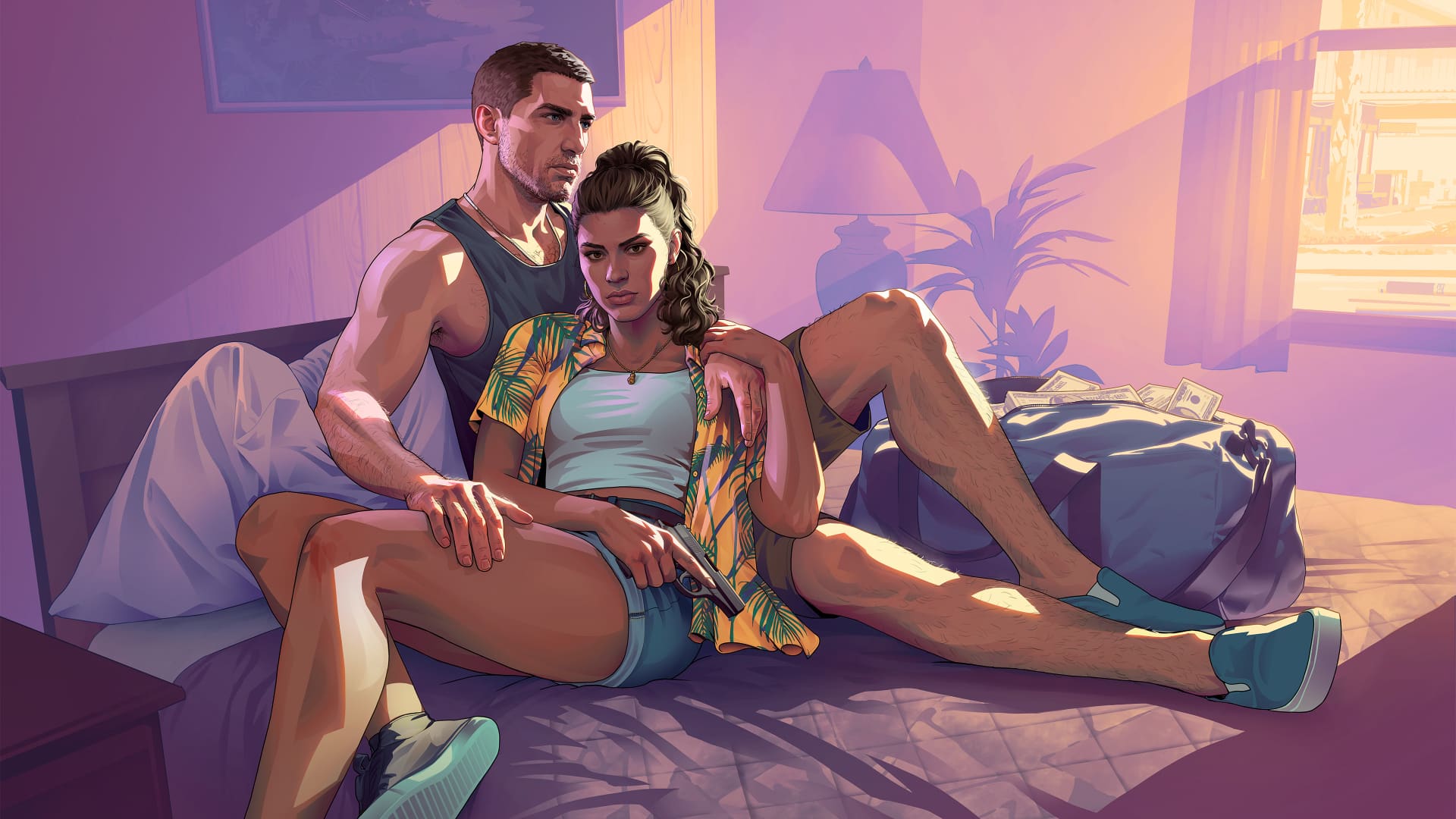 Jason Duval et Lucia Caminos dans un motel, artwork officiel Rockstar Games